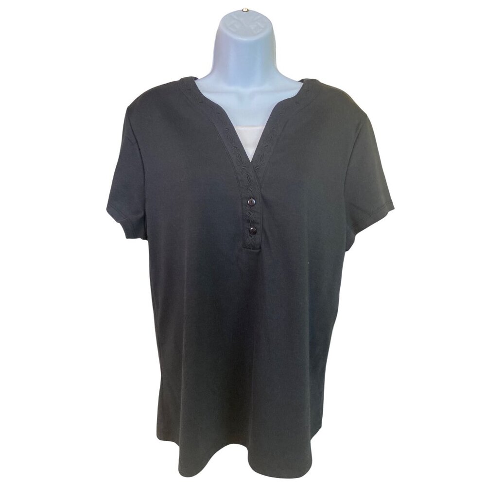 Madison Taylor Womens Henley Shirt XL Black Short-Sleeve Preppy Normcore